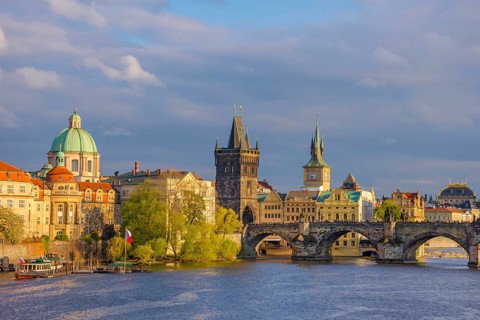 Charles Bridge (Karluv Most) on Vltava river and Old Town Bridge Tower, famous tourist destination