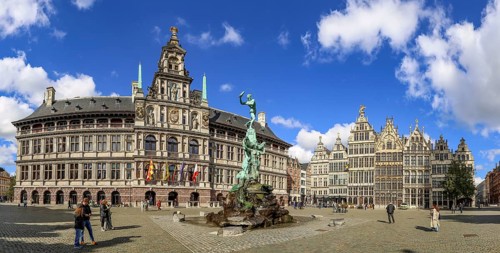 Panoramic photo of Antwerp City Hall (Stadhuis Antwerpen), the Brabo Fountain and the historic