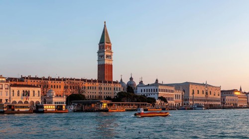 Morning light at sunrise, Doge's Palace and Campanile San Marco, panoramic view, Venice, Italy,