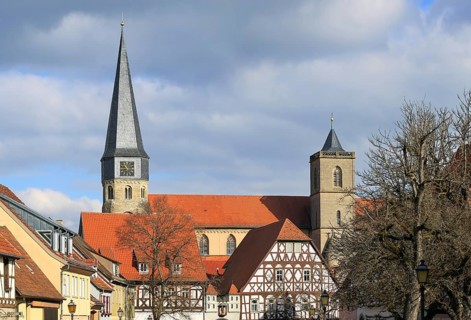 The historic old town of Münnerstadt with a view of the church of St Mary Magdalene. Münnerstadt,