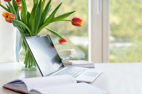 Laptop with organizer and a flower bouquet from tulips on a white desk by the window, business in