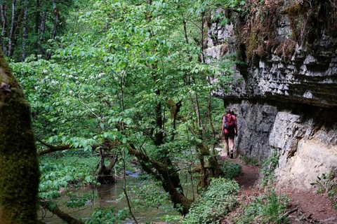 Hiker, hiking trail, Gauchachschlucht, Schluchtensteig, Gauchach, southern Baar, Baden-Württemberg,