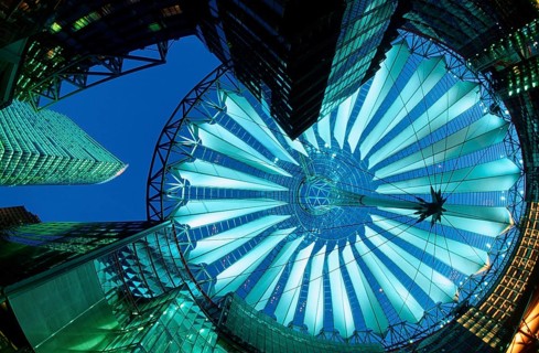 Roof of Sony Center by Helmut Jahn at night, Potsdamer Platz, Berlin-Tiergarten, Germany, Europe