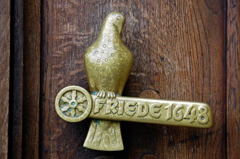 Door handle, Peace of Westphalia 1648, City Hall, Osnabrück, Lower Saxony, Germany, Europe
