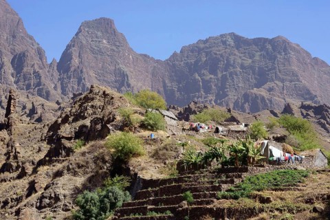 Farm and farm terrace on the hiking trail from Cha Alto Mira village to Cha de Morte, rocky