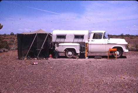 Camper, caravan, tent, 1950s, Florida or California, USA, North America