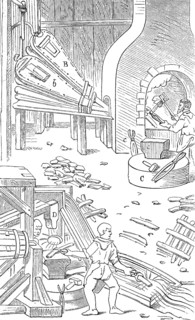 16th century forge with blower, anvil and hammer, after Georg Agricola, digitally enhanced