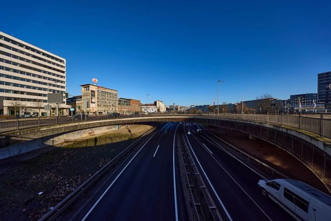 General architecture, modern architecture, Sparkasse Saarbrücken, roundabout, bridge, blue sky,