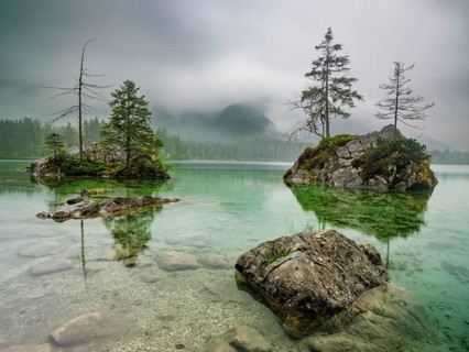 Hintersee under a cloudy rainy sky, Berchtesgaden National Park, Ramsau, Upper Bavaria, Bavaria,
