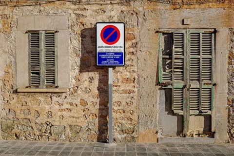 Traffic sign in the old town of Santanyi, Majorca, Balearic Islands, Spain, Europe