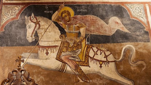 Religious depiction of an armoured rider on a white horse, Thari Monastery, Moni Thari, near