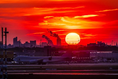 Cologne Bonn Airport in the evening with sunset and sunset. Cologne, North Rhine-Westphalia,