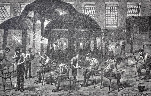 Workers in a glass factory around 1850, France, digitally enhanced reproduction of a 19th century