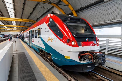 Leonardo Express train of Trenitalia type Jazz Alstom Coradia Meridian at Roma Fiumicino Aeroporto