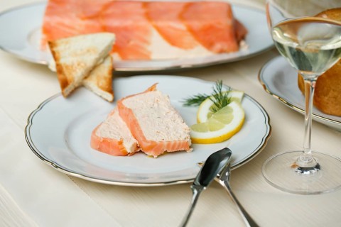 Southern German cuisine, salmon trout terrine arranged on a plate, salmon terrine with trout