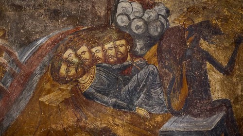 A fresco shows three crowned heads in a reclining pose next to a shadowy creature, Easter 2025,