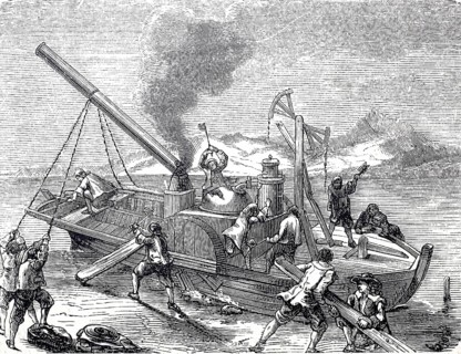 The people destroy the steamboat of Denis Papin (22 August 1647 to 26 August 1713), French