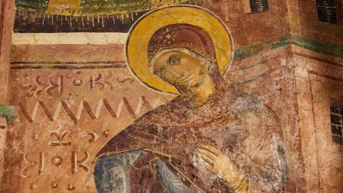 Detail of a fresco with Mary and gentle facial features, monastery, Moni Thari, near Gadouras