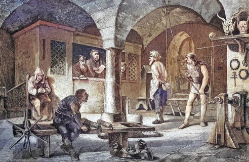 The extortion of a confession in the torture chamber, coloured wood engraving, reproduction of an