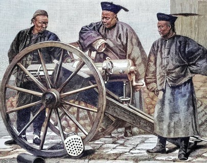 Artellerie personnel in China, coloured wood engraving, reproduction of a model from ca 1888,
