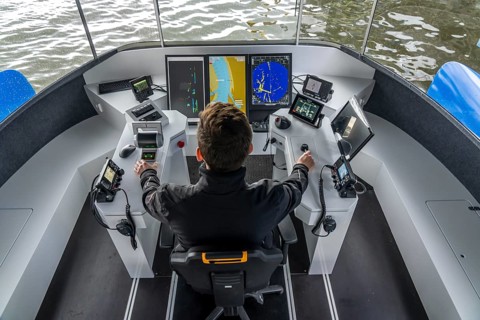 Research vessel Nova, on the Rhine, in the inland port of Ruhrort in Duisburg, 15 metre catamaran,