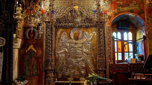 Archangel Michael, Detailed depiction of angel statues and icons, richly decorated in the church