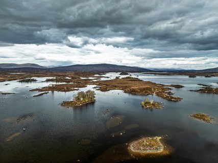 Rannoch Moor from a drone over Loch Ba and Loch of the Armpit, A82 Highland Way, Argyll and Bute,