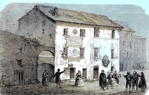 The house where Christopher Columbus was born in Cogoletto, Genoa, Italy, woodcut from 1864, Europe