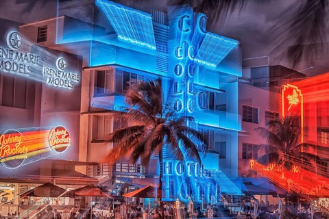 Ocean drive by night, South Beach, Miami, Florida, USA, North America