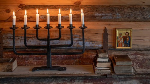 Seven-armed candlestick with burning candles, icon, chapel, Fokstugu farm, Fjellstue, pilgrims'