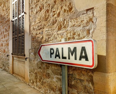 Signpost to Palma, Old Town of Santanyi, Majorca, Balearic Islands, Spain, Europe