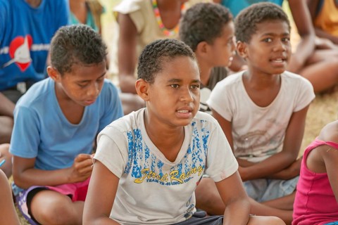 Kids in an outdoor school, Yasawa islands, Fiji, Oceania