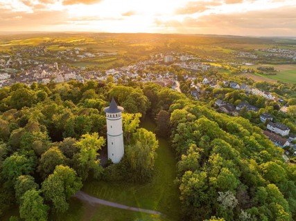 Landscape with tower in the forest at sunset and view of the village, Engelberg Tower, Leonberg,