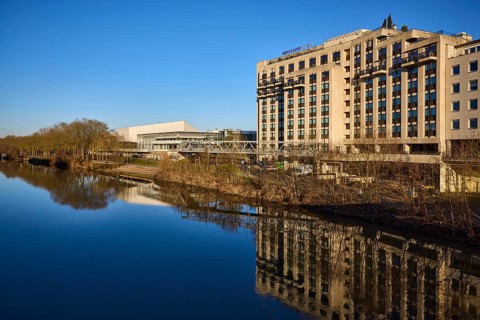 Congresshalle Saarbrücken, Mercure Hotel Saarbrücken, river Saar, modern architecture, concrete