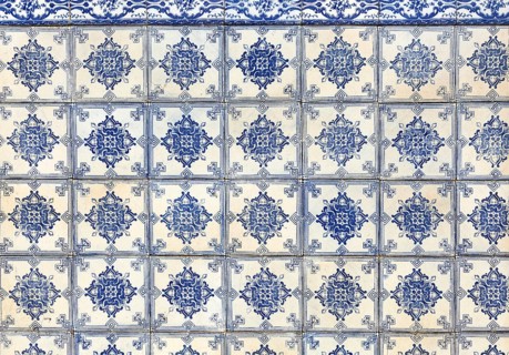 Details blue and white azulejos tiles, railway train station Ermida, River Douro valley, Resende,