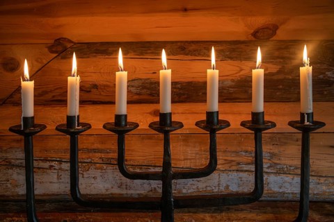 Seven-armed candlestick with burning candles, chapel, Fokstugu farm, Fjellstue, pilgrims'