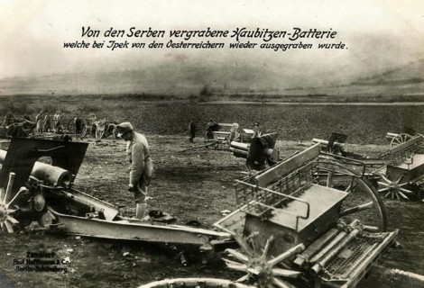 Howitzer battery buried by the Serbs which was dug up again by the Austrians near Ipek, 1914 -