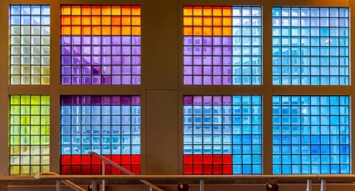 Colourful mosaic glass windows in the foyer of the Berlin State Library, Germany, Europe