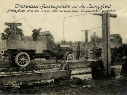 Drinking water collection point on the Isonzo front. The water is supplied to the various troop