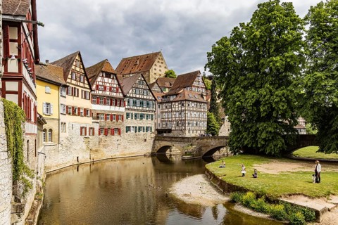 Town view with half-timbered houses worth seeing in the historic old town of Schwäbisch Hall,
