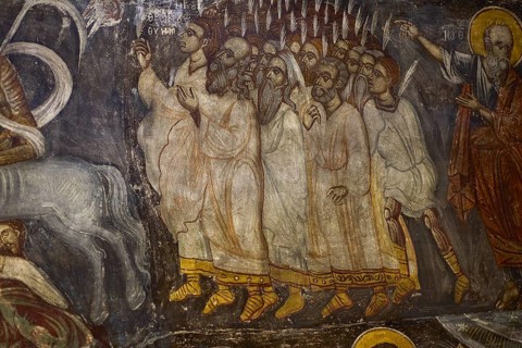 A group of saints in fresco, all in procession, showing religious fervour in medieval art, Easter