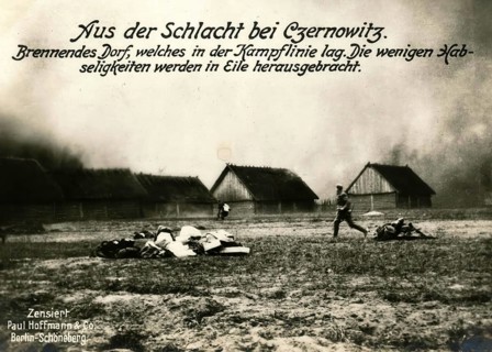 From the Battle of Czernowitz. Burning village, which lay in the battle line. The few belongings