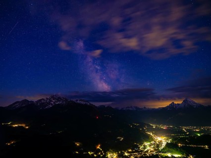 Milky Way over the valley basin of Berchtesgaden, behind Hoher Göll, Steinernes Meer and Watzmann,