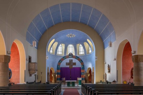 Interior with Lenten cloth in front of the altar in the church of St Stephanus, Art Nouveau