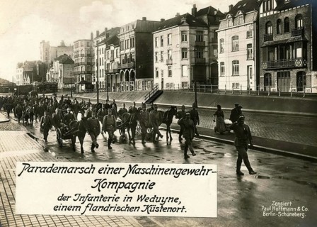 Parade march of an infantry machine gun company in Weduyne, a Flemish coastal town, 1914 - 1918,