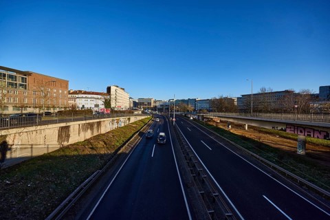 General architecture, blue sky, cloudless, motorway A620, Saarbrücken, state capital, regional
