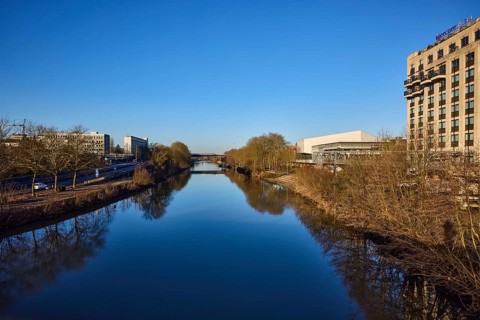 River Saar, trees, modern architecture, concrete architecture, Mercure Hotel, reflections on the