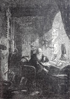 Alchemist in his laboratory, around 1800, digitally enhanced reproduction of a 19th century model,