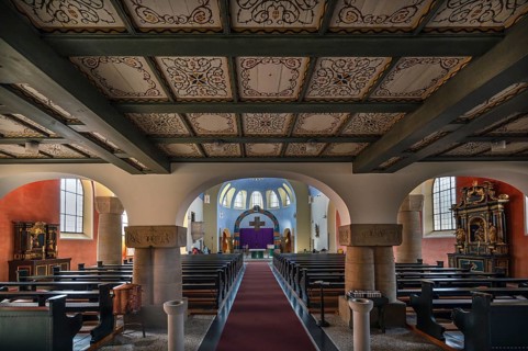 Interior with chancel of St Stephen's Church, Art Nouveau building with neo-Romanesque elements,