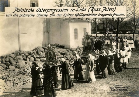 Polish Easter procession in Lida (Russian Poland) around the Polish church. Women carrying holy